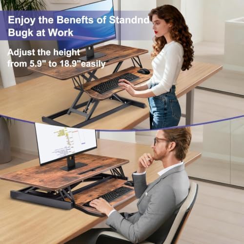 38-inch Standing Desk Converter Height Adjustable Sit to Stand Up Workstation, Duals Monitor and Laptop Riser with Wide Keyboard Tray, for Home, School, Company, Brown