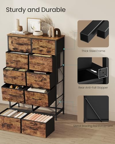 SONGMICS Dresser for Bedroom, Tall Dresser with 10 Fabric Drawers