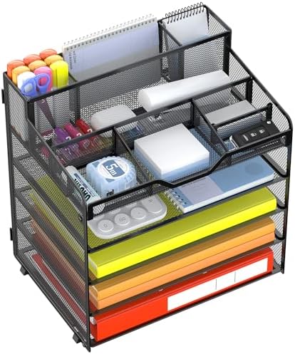 Docnest 5 Tier Mesh Desk Organizer with Letter Tray & Paper Sorter, Black