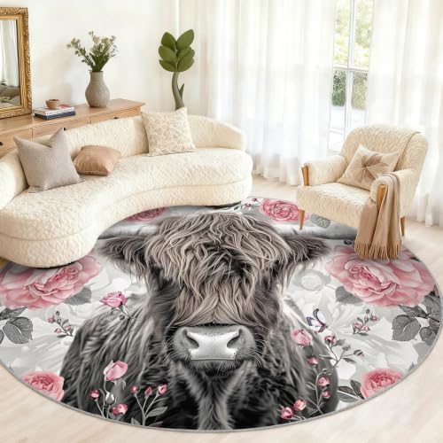 Highland Cattle Round Area Rug - 6.6ft Highland Cattle Round Rug for Living Room, Country Flowers Circle Rugs Soft Non-Slip Carpet for Bedroom Kiks Room Dining Table Decor Mat