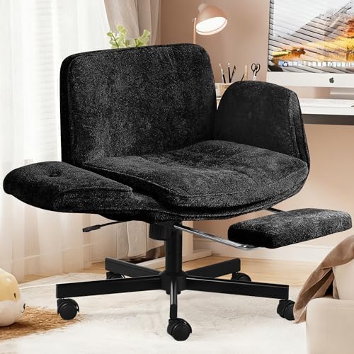 Criss Cross Chair with Footrest & 5 Level Folding Arms Full Relaxation, Wide Cross Legged Office Chair for Home Office, Comfy Swivel Desk Chair with Ottoman, Chenille Vanity Chair (Black)