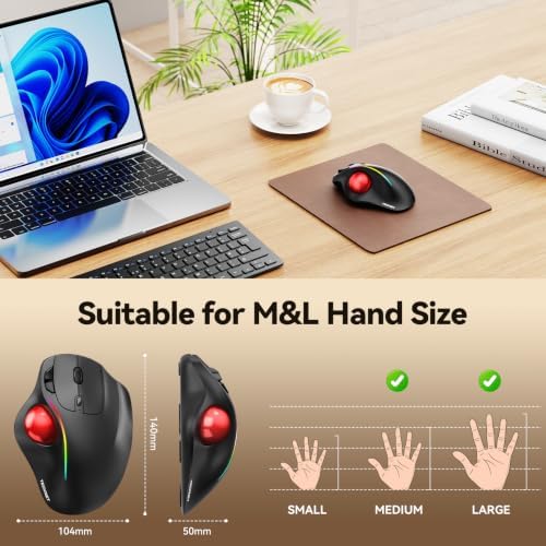 TECKNET Wireless Trackball Mouse, Bluetooth Mouse with Ergonomic, Red
