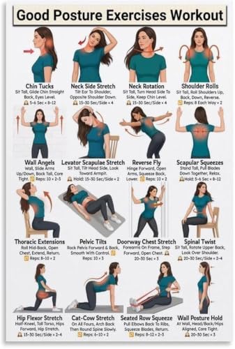 Upper Back Neck Posture Exercises Poster Stretch Strengthen Guide Canvas Wall-Art for Living Room Desk Area Decor