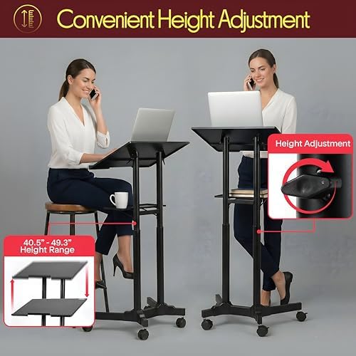 Pyle Lectern Podium Stand | Adjustable Height Top Shelf, Bottom Shelf, Locking Plastic Wheels, & LED Reading Light | Mobile Standing Desk for Classrooms & Presentations | Portable Rolling Table Design