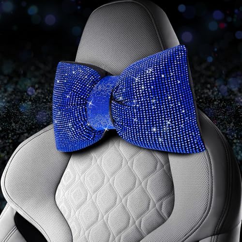 2 PCS Bling Car Pillows,Rhinestones Bowknot Car Headrest Pillow,Blue