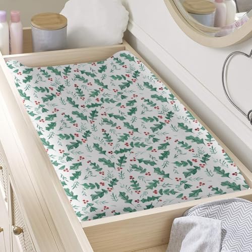 Watercolor Christmas Leaves Winter Holiday Pattern Baby Changing Pad Cover, Unisex Christmas Nursery Diaper Changing Table Pad Mat Sheet for Boys Girls-16x32