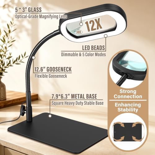 30X 12X Rectangle Magnifying Glass with Light and Stand, Real Glass Lens