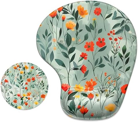 ITNRSIIET Ergonomic Mouse Pad Coaster Set with Gel Wrist Support Wrist Rest Smooth Surface Non-Slip PU Base Comfortable Office Supplies Pain Relief, 9.5 x 8.3 inches, Beautiful Flowers