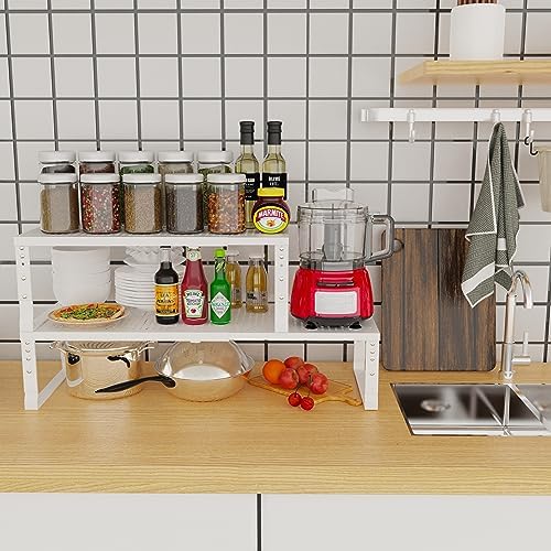 Jojocross Expandable Adjustable Stackable Kitchen Organizer, Spice Rack,Metal Pantry Storage Shelves Racks,Counter Shelf for Cabinets, Countertop, Cupboard(3 Packs/Large/White)
