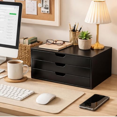 LitaEther Desk Organizer with 3 Drawers, ALEX Drawer Unit, Chic Black Wood Cosmetic Makeup Organizer for Office Vanity Tabletop Storage 13.8"X 6"X10.2"