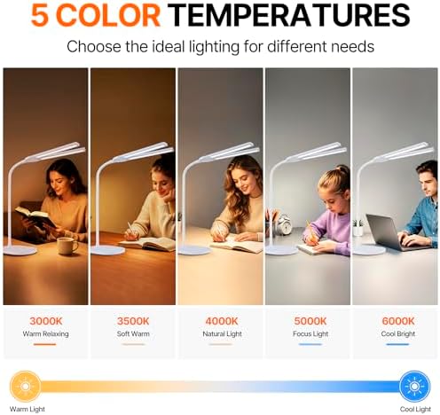 G Keni LED Desk Lamp, 2400 Lux Bright Desk Lamp for Home Office, Dual Head Adjustable Desk Lamp with 5 Color Modes, Stepless Dimming, 360° Gooseneck, Auto Timer, Eye Caring Task Light