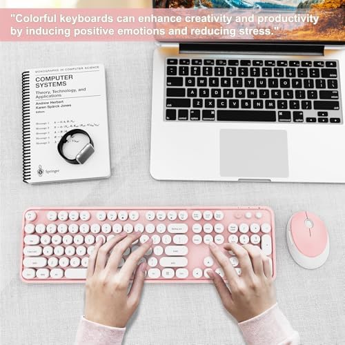 Wireless Keyboard and Mouse Combo, Ergonomic Full Size Typewriter Retro Round Keycaps Keyboard, Compatible with Windows, PC, Perfer for Home and Office Keyboards (Lovely Pink)