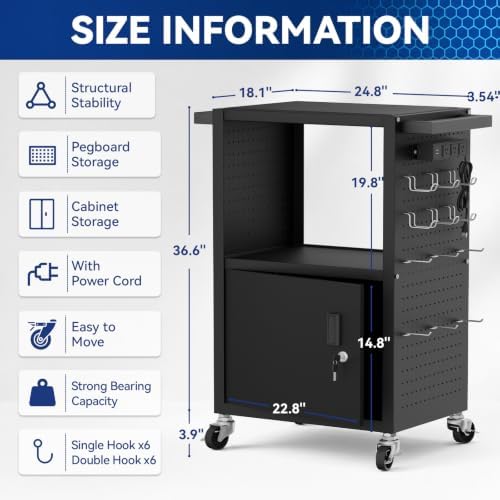 Mobile AV Cart Heavy Duty Computer Cart with Cabinet Push Handles Rolling Media Cart with Outlets Customized Pegboard & Hooks Multipurpose Utility Cart with Extra Storage Space