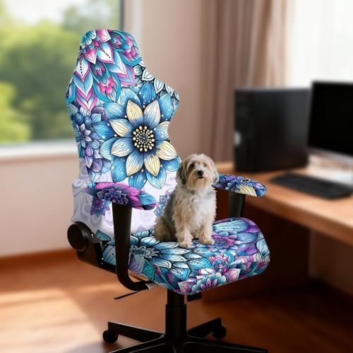 Boho Mandala Flower Print Gaming Chair Cover with Armrest Covers Stretch Non Slip Furniture Protector Washable Anti Dust Gamer Chair Slipcover