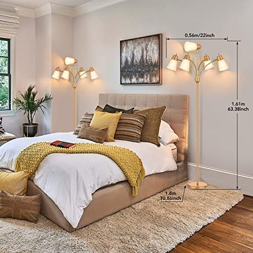 FOLKSMATE LED Floor Lamp, Medusa Multi Head Modern Tall Standing Lamps, Adjustable Corner Reading Floor Light for Living Room, Bedroom, Kids Room, White and Colored Lampshades, Brass Gold