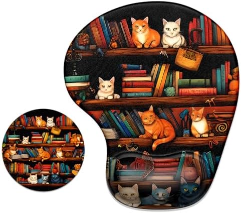 ITNRSIIET Ergonomic Mouse Pad Coaster Set with Gel Wrist Support Wrist Rest Smooth Surface Non-Slip PU Base Comfortable Office Supplies Pain Relief, 9.5 x 8.3 inches, Cat on the Desk