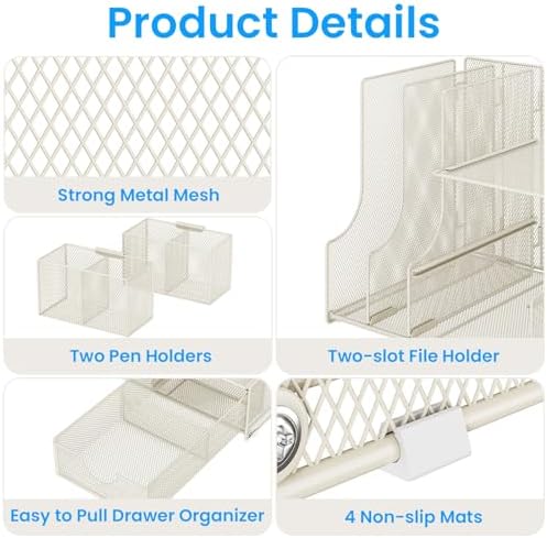 Lavatino Desk Organizer – 4-in-1 White Mesh Office Supplies Organizer with Pen Holder, File Holder, Desktop Tray, and Drawer for Home, Office, Classroom