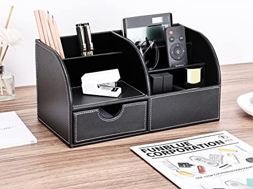 KINGFOM Pu Leather Desk Organizer Pen Pencil Holder Office Supplies Caddy Storage Box 6 Compartments with Drawer Black