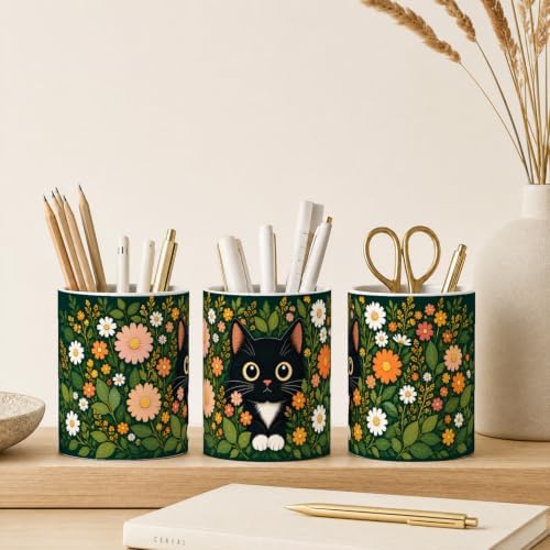 Pen Holder for Desk Ceramic Pencil Cup, Cute Makeup Brush Desk Organizer, Desk Accessories, School Supplies, Teacher Appreciation Gifts, Birthday Christmas Gift for Women (Black Cat)