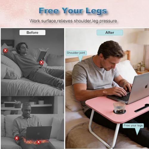 27.6" Home Office Folding Lap Desk with Drawer, Tablet Slot, Cup Holder - Fits up to 18 Inch Laptops, Bed Desk for Reading, Writing, Eating, Portable Laptop Table for Sofa, Coach, Floor (Pink)