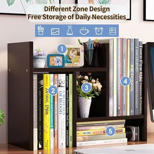 Desktop Shelf Organizer, Adjustable Wood Office Storage Rack, Counter Display Small Bookshelf for Home/Office/School(Dark Walnut)