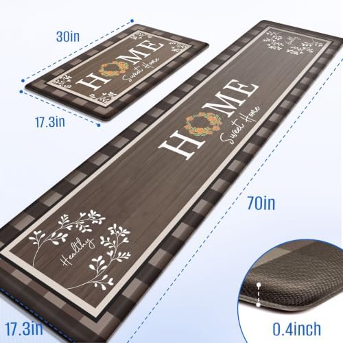 Kitchen Mats 2PCS, Anti Fatigue Rugs, 17.3x30+17.3x70in, Brown