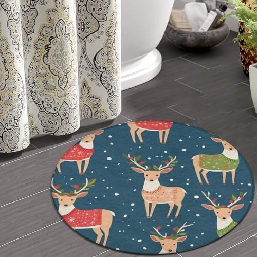 Large Home Decor Mat, Soft Round Yoga Carpet, Non Slip Machine Washable Kitchen Office Circle Rug Christmas Dogs in Sweater