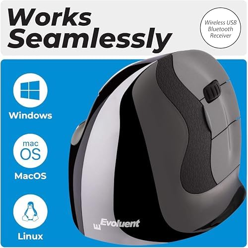 Evoluent – Inventor of The Vertical Mouse – VMDLW Ergonomic Vertical Mouse Right Hand Large USB Wireless, Sculpted for Comfort, Reduces Wrist Strain, 4 Speeds, 6 Customizable Buttons in Windows