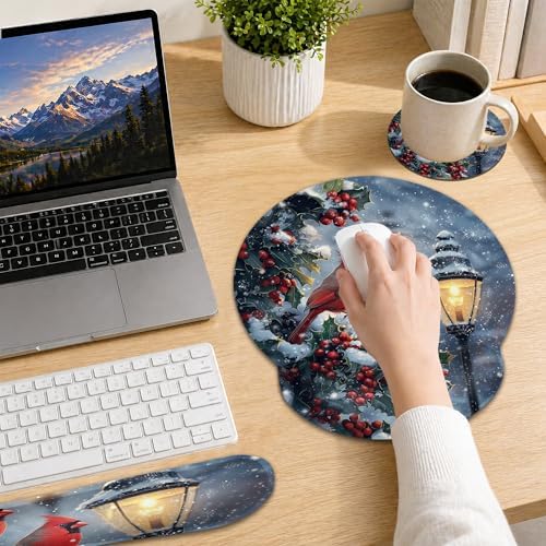 Cardinal Wrist Rest Mouse Pad and Keyboard Support Set,Berry Christmas 3 in 1 Ergonomic Memory Foam Mousepad with Non Slip Base, Gaming Mouse Pad for Office and Home