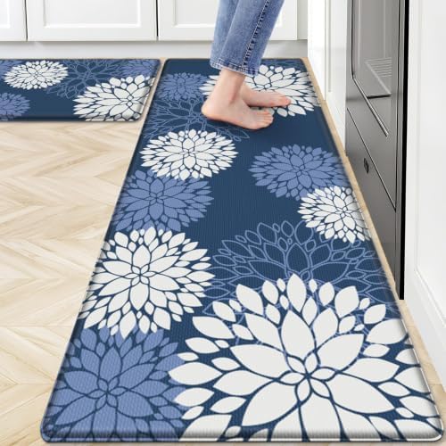 Kitchen Mats 2 Piece Set, Anti Fatigue Non Slip Cushioned Floor Rugs, Blue