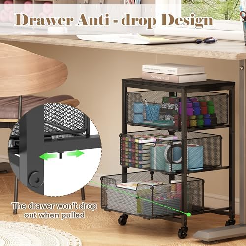 Under Desk Storage Cart with Lockable Wheels, 3-Drawer Rolling Storage Cart, Metal Utility Cart with Drawers for Art, Cart, Classroom, Office, Kitchen, Bedroom, Dorm Storage Under Bed