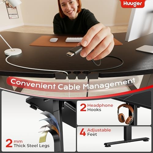 Huuger 47 X 24 Inch Electric Standing Desk with Power Outlets and USB-C Port, Height Adjustable Desk, Sit Stand Desk for Home Office, Computer & Gaming Desk with 3 Presets, Stable Steel Frame, Black