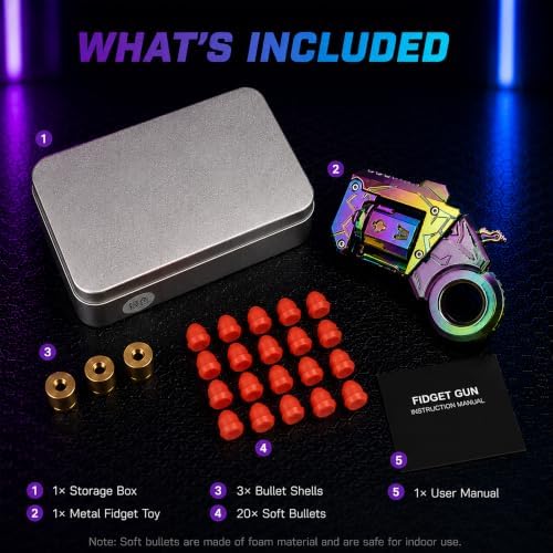 Metal Fidget Toys Gun for Adults: EDC Stress Relief Fidget Spinner Toy, 5 in 1 Mini Cool Fidgets Guns with Slider & Finger Ring for Men (JJ011 - Colorful)