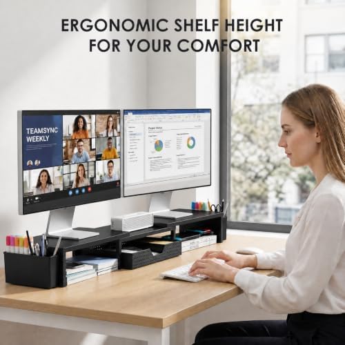 OPNICE Desk Organizers and Accessories, Dual Monitor Stand Riser with Drawer and 2 Pen Holders, Desk Shelf Computer Racks & Printer Stand for Office Workspace Organizers, Desktop Organization (Black)