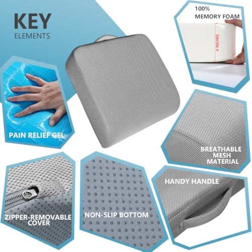 YOUFI Extra Thick Large Seat Cushion, Gel Memory Foam Cushion with Carry Handle Non Slip Bottom, Pain Relief Coccyx Cushion for Wheelchair Office Chair (Gray, 19" x 17.5" x 4")