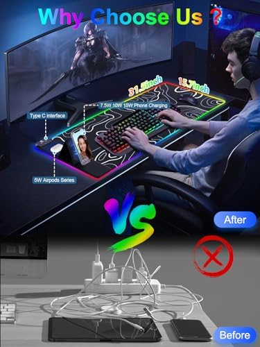XXL Mouse Pad with Phone Holder - Black, RGB Desk Mat with 15W Fast Charging, LED Gaming Mousepad with 11 Light Colors, Waterproof Non-Slip Pad for Office & Home (Topographic)