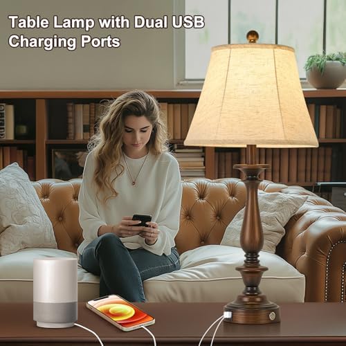 AIDENOEY 28.5" Traditional Table Lamp Set of 2, Rustic Farmhouse Table Lamps for Living Room Bedroom, Bedside Desk Lamps Vintage Nightstand Lamps with Silk Fabric Shades,Antique Copper Table Lamp