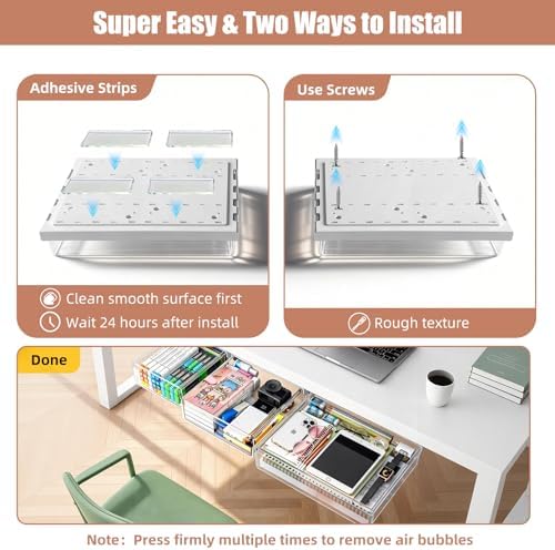 3 Pack Under Desk Drawer Slide Out Storage Organizer, Clear White 3 Sizes (S/M/L), Dual-Mount Hidden Table Tray for Tablets, Planners & Office Supplies