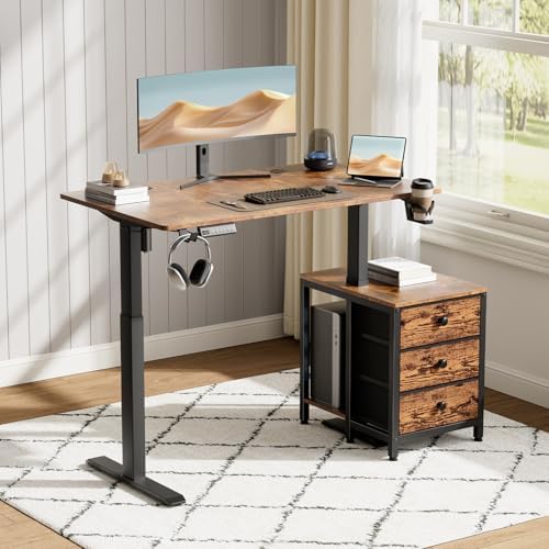 REAHOME 47 Inch Rustic Brown Height Adjustable Standing Desk with Drawers