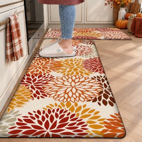 Orange Fall Kitchen Mats for Floor, Cushioned Anti Fatigue Memory Foam Kitchen Rugs Set of 2, Non Slip Waterproof Kitchen Runner Floor Mat, Comfort Standing Mat for Sink, Laundry, Autumn Home Decor