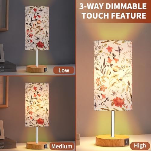 Bedside Touch Lamp, Wood Small Table lamp with 2 USB Charging Ports & Flower Fabric Shade, 3-Way Dimmable Nightstand Lamps for Living Room Bedroom Office Reading Desk Home Dorm(LED Bulb Included)