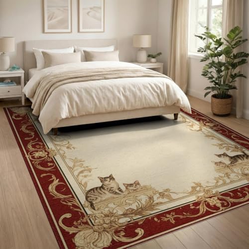 8'x10' Ivory Cat Crimson Motif with Swirls Washable Area Rug