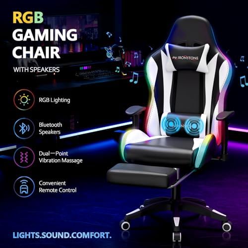 Mr IRONSTONE RGB Gaming Chair with Bluetooth Speakers, Ergonomic Gamer Chair with LED Lights, Vibration Lumbar Support, Footrest and High Back Reclining Design for Adults, Black