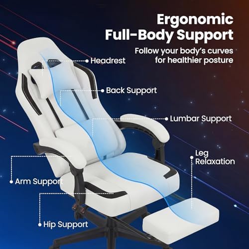 GIANTEX Gaming Chair, Ergonomic Video Game Chair w/Footrest, Lumbar Support, Headrest, Reclining Backrest & Linkage Armrests, Height Adjustable 360° Swivel Computer Desk Chair for Home Office (Grey)