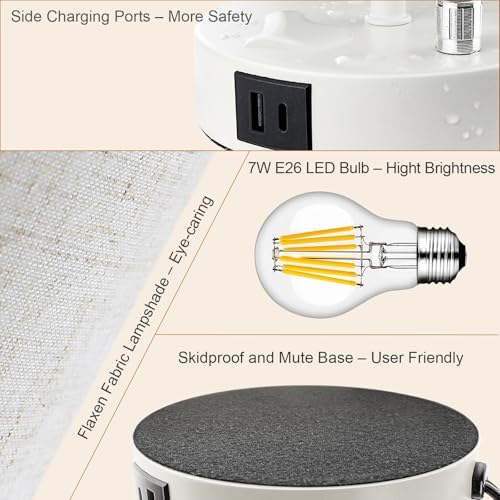 LTBLIGHT Table Lamp 3-Way Dimmable with USB+Outlet White Base Fabric Shade