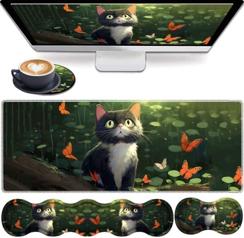 4 in 1 Mouse Pad Combo, Large Gaming Mouse Pad + Keyboard Wrist Support + Mouse Wrist Rest + Coaster, Table Pad with Stitched Edge Ergonomic Wrist Pad Set, Butterfly and Cat