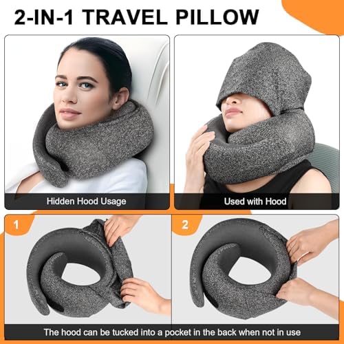 Travel Pillow - Hooded Neck Pillow Airplane Memory Foam Filling