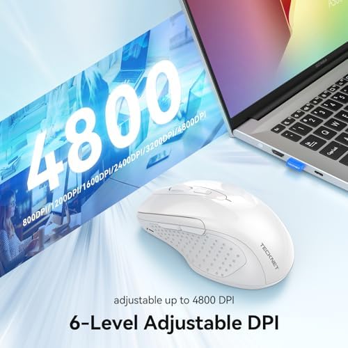 TECKNET Rechargeable Jiggler Wireless Mouse, Dual-Mode Connectivity, White
