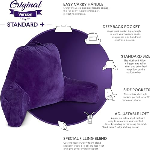 Husband Pillow Reading Pillow with Arms - Standard Backrest for Sitting Up in Bed - Firm Support Bed Rest Pillow for Adults, Neck Roll, Removable Cover -TV, Reading, Lounging - Purple