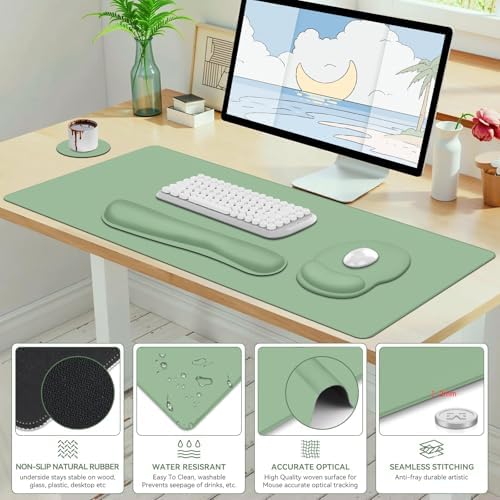 4 PCS Mouse Pad Desk Mat Protector, Keyboard Wrist Rest + Comfortable Mouse Pad with Wrist Rest +Coaster, Large Gaming Mousepad for Computer Laptop, 35.4" X15.7" Deskpad for Office Home I Sage Green
